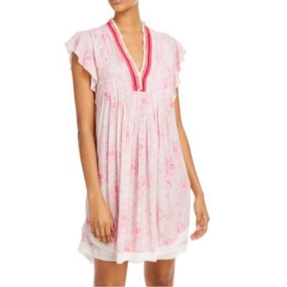 Poupette St Barth Sasha Pink Floral Fringe Crochet Pintuck Babydoll Dress  XS - Picture 2 of 16